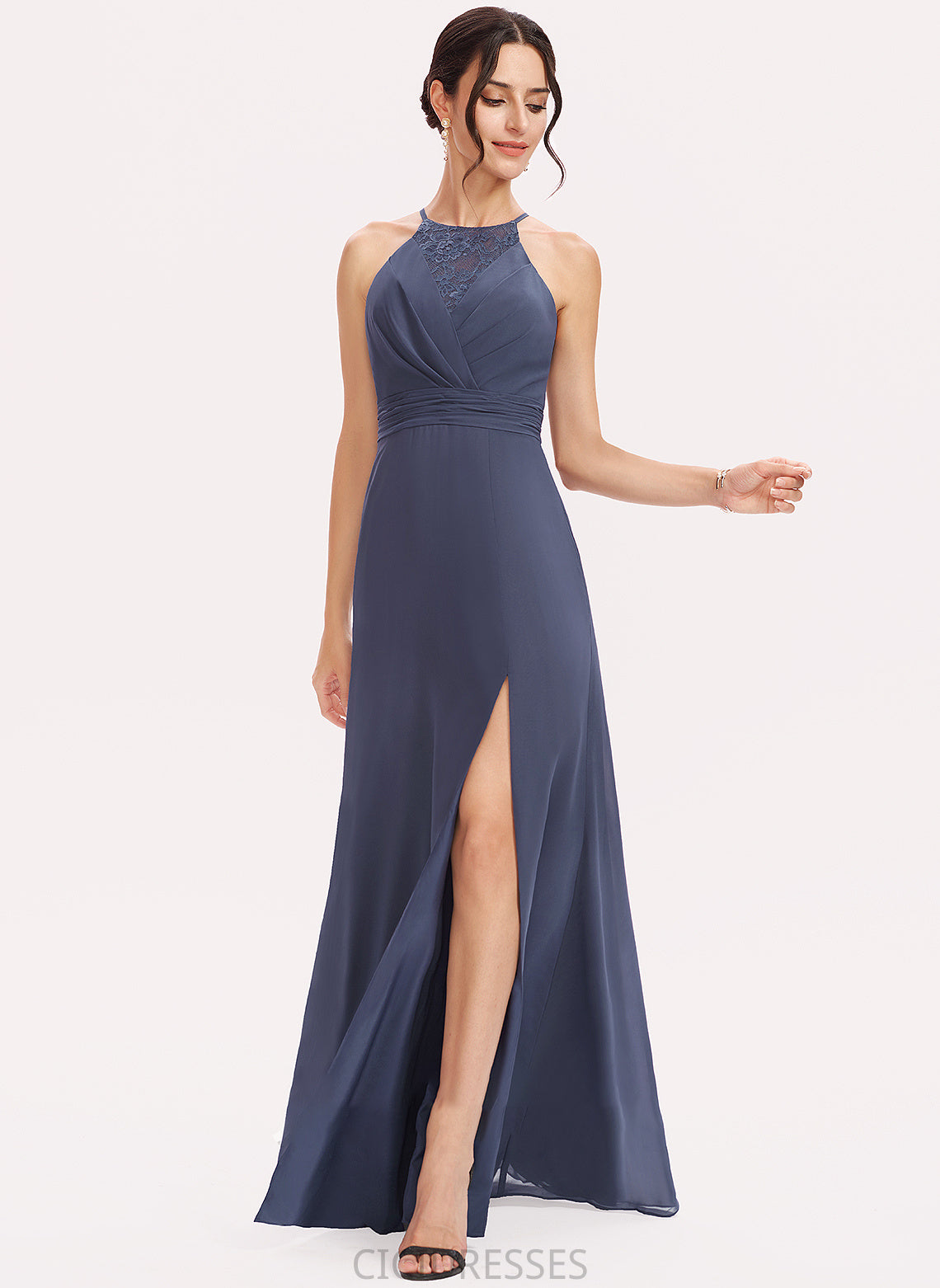 Length Halter SplitFront Neckline Floor-Length Lace Embellishment A-Line Fabric Silhouette Itzel Natural Waist Bridesmaid Dresses