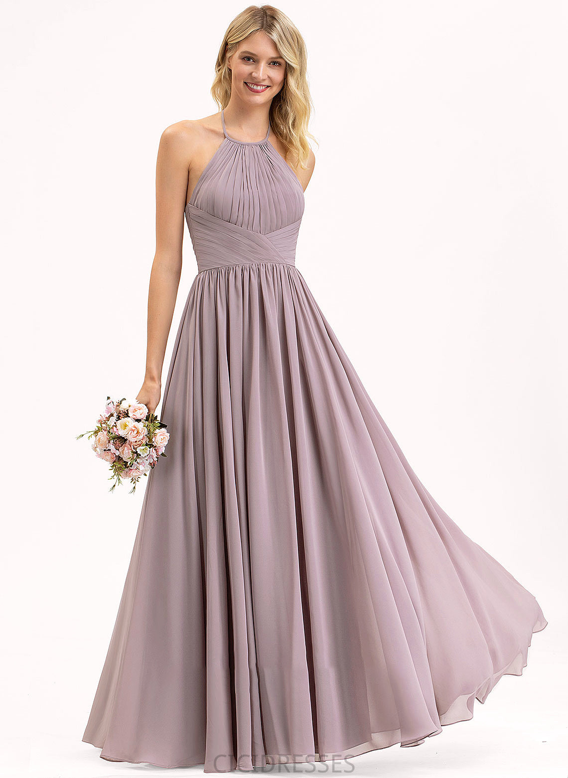 Embellishment Fabric Silhouette Halter Length Neckline Ruffle Floor-Length Empire Bow(s) Jaslyn Sleeveless Bridesmaid Dresses