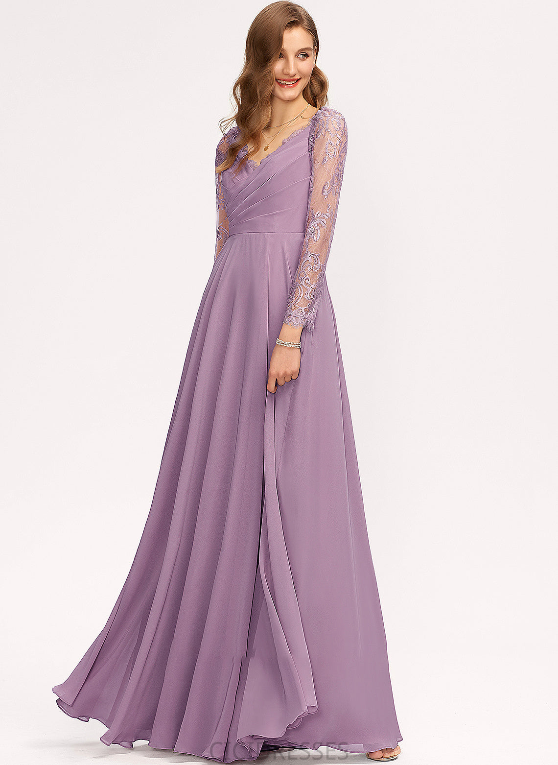 Fabric Length Silhouette V-neck Lace Straps Floor-Length A-Line Neckline Lesly Natural Waist Off The Shoulder Bridesmaid Dresses
