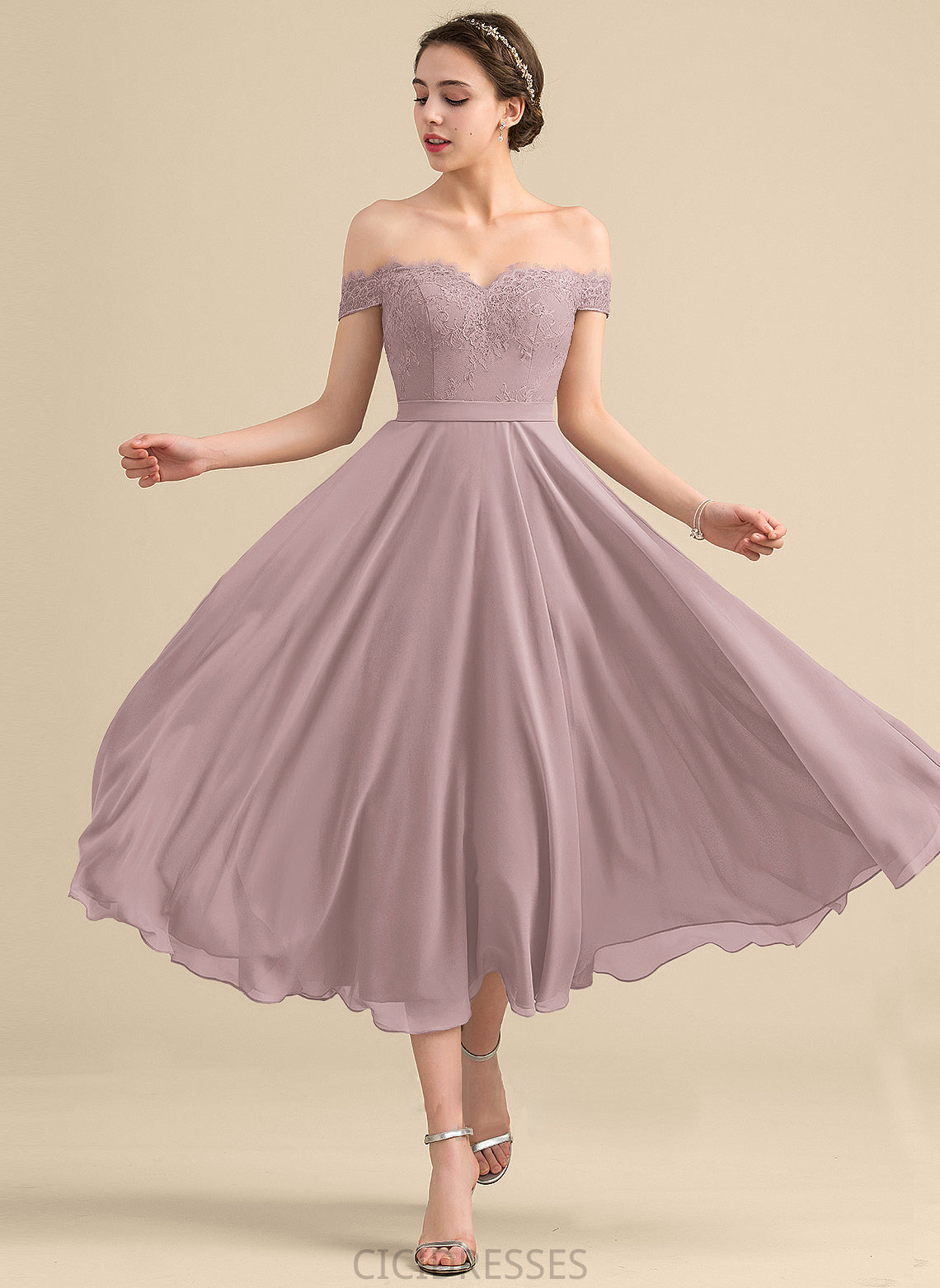 Neckline A-Line Tea-Length Sequins Silhouette Beading Length Embellishment Off-the-Shoulder Fabric Natalee Sheath/Column Bridesmaid Dresses