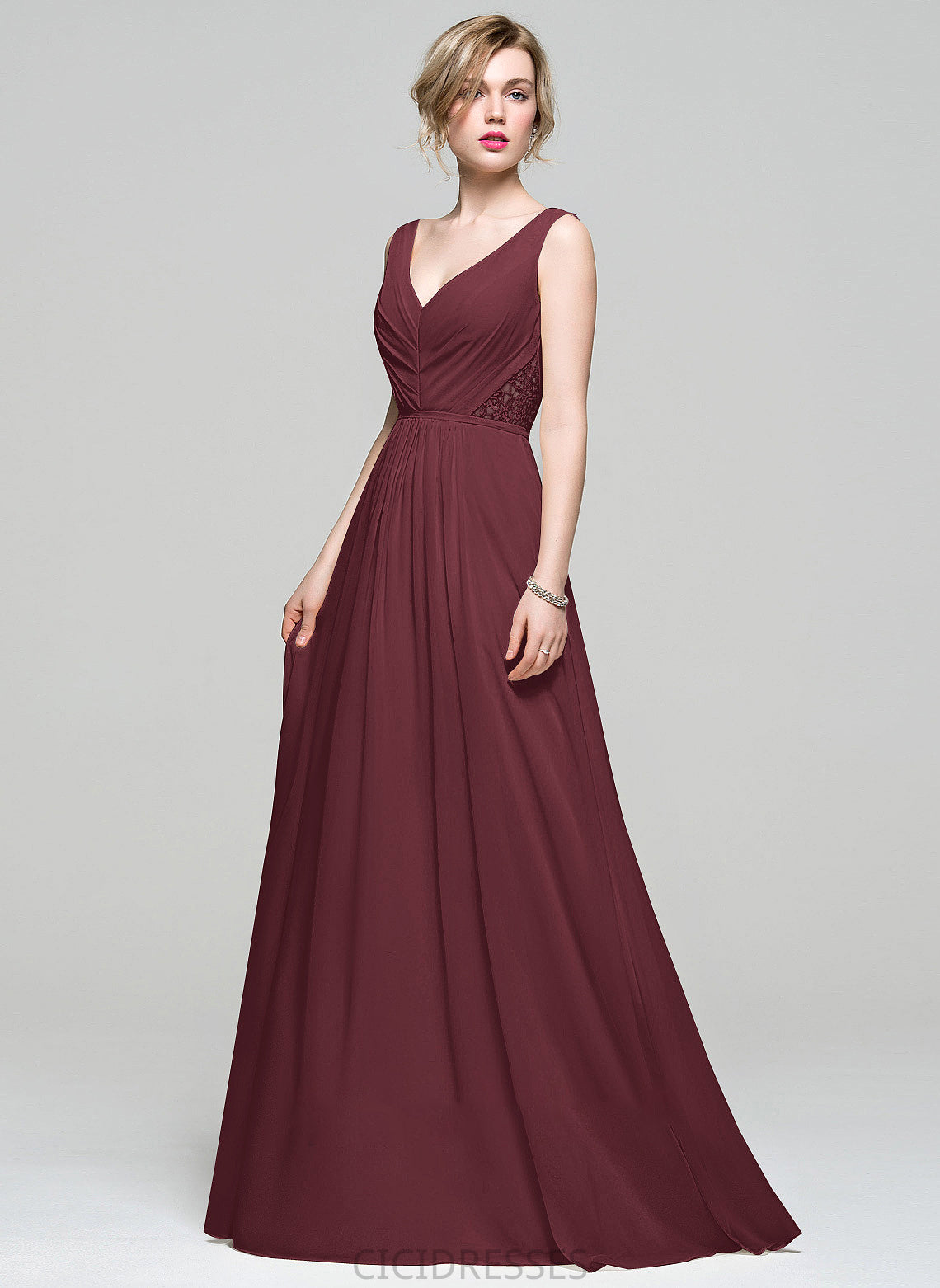 Embellishment Floor-Length V-neck Lace Neckline Silhouette Ruffle Length Sequins Beading A-Line Fabric Bridesmaid Dresses