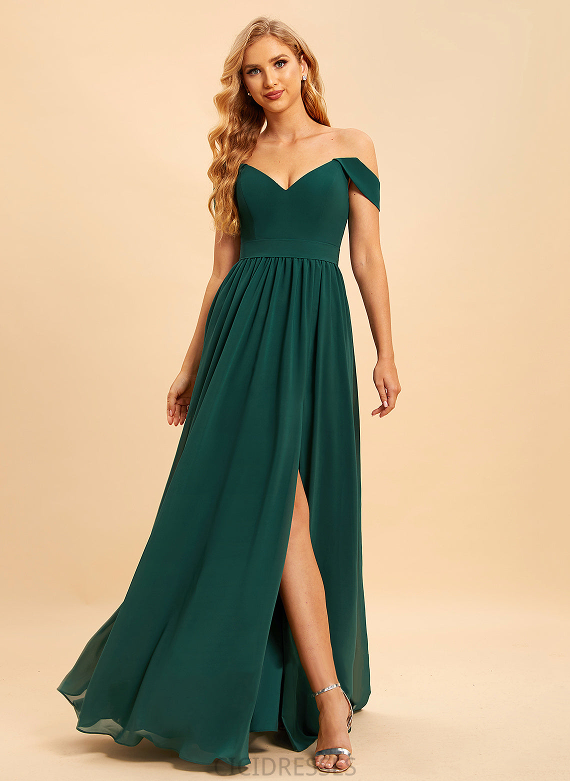 Neckline A-Line Silhouette Floor-Length Embellishment Length SplitFront Fabric Off-the-Shoulder Rubi Trumpet/Mermaid Natural Waist Bridesmaid Dresses