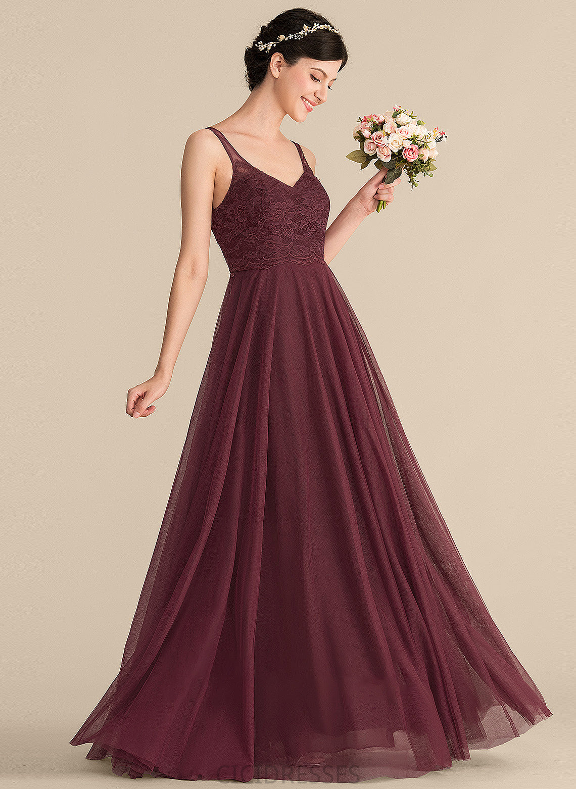 Length Tulle Fabric Lace Floor-Length A-Line Silhouette Neckline Straps V-neck Heather Floor Length Bridesmaid Dresses