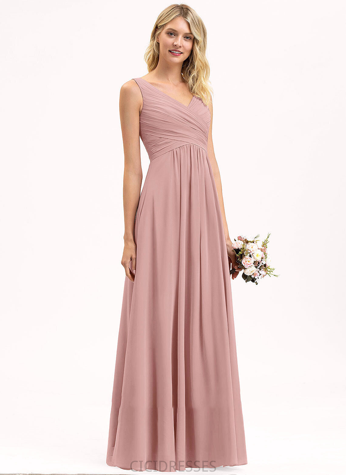 Fabric A-Line Floor-Length Embellishment Silhouette Ruffle Neckline Length V-neck Mallory Sleeveless Floor Length Bridesmaid Dresses