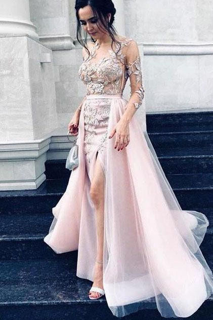 Sexy Long Sleeves Tulle Lace Appliques Pink Evening Dresses Mermaid Prom Dresses