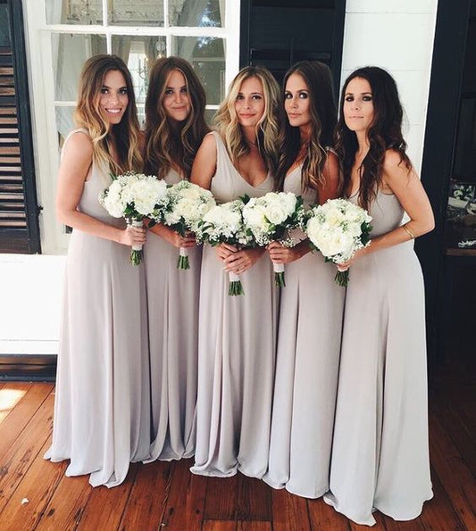 2024 New Arrival A Line Chiffon Silver Floor Length Cheap Long Bridesmaid Dresses / Gowns
