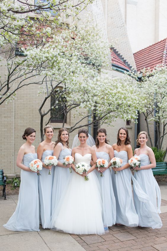 2024 New Arrival A Line Chiffon Light Sky Blue Strapless Long Bridesmaid Dresses / Gowns