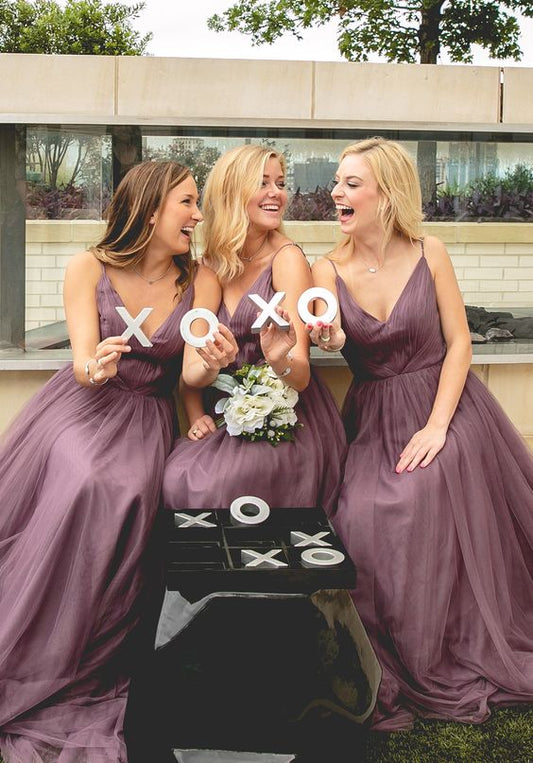 2024 New Arrival A Line Tulle Deep V Light Purple Long Bridesmaid Dresses / Gowns With Straps