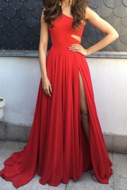 One Shoulder Red Side Slit Prom Dresses
