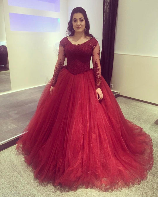 2024 Cheap Ball Gown Long Sleeves Tulle Burgundy Prom Dresses