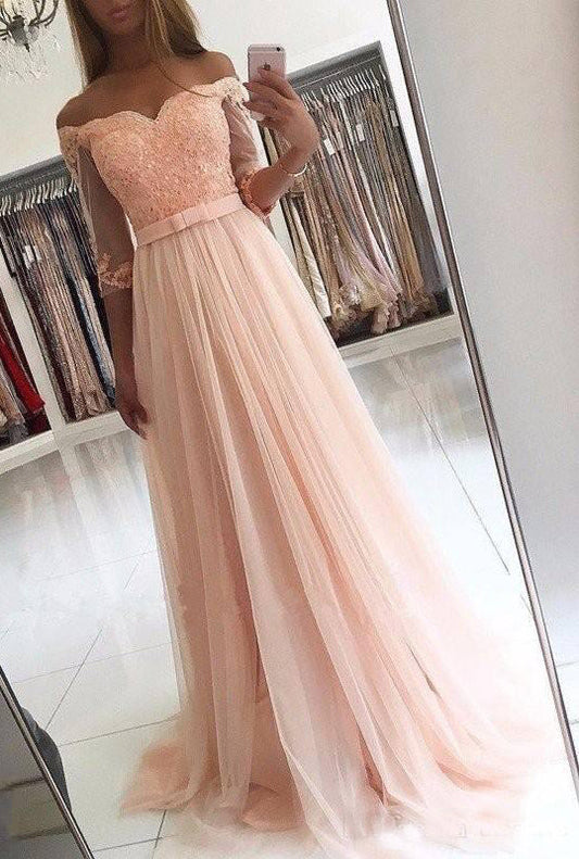2024 Charming Princess/A-Line Tulle Long Sleeves Off The Shoulder Pink Wedding Dresses