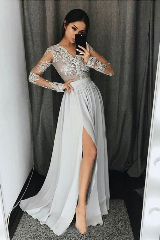 2024 Cheap Princess/A-Line Chiffon Side Slit Silver Long Sleeves Prom Dresses