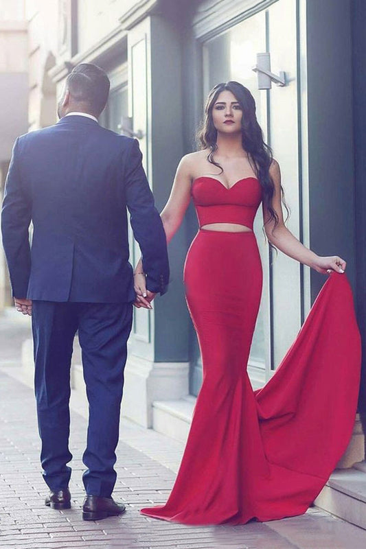 2024 Sexy Mermaid Red Two Pieces Prom Dresses