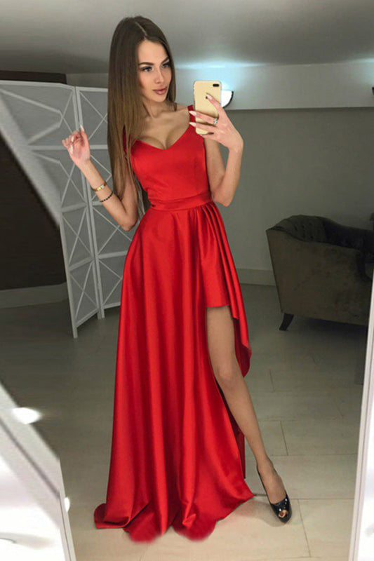 Princess/A-Line Satin Red Floor Length Prom Dresses