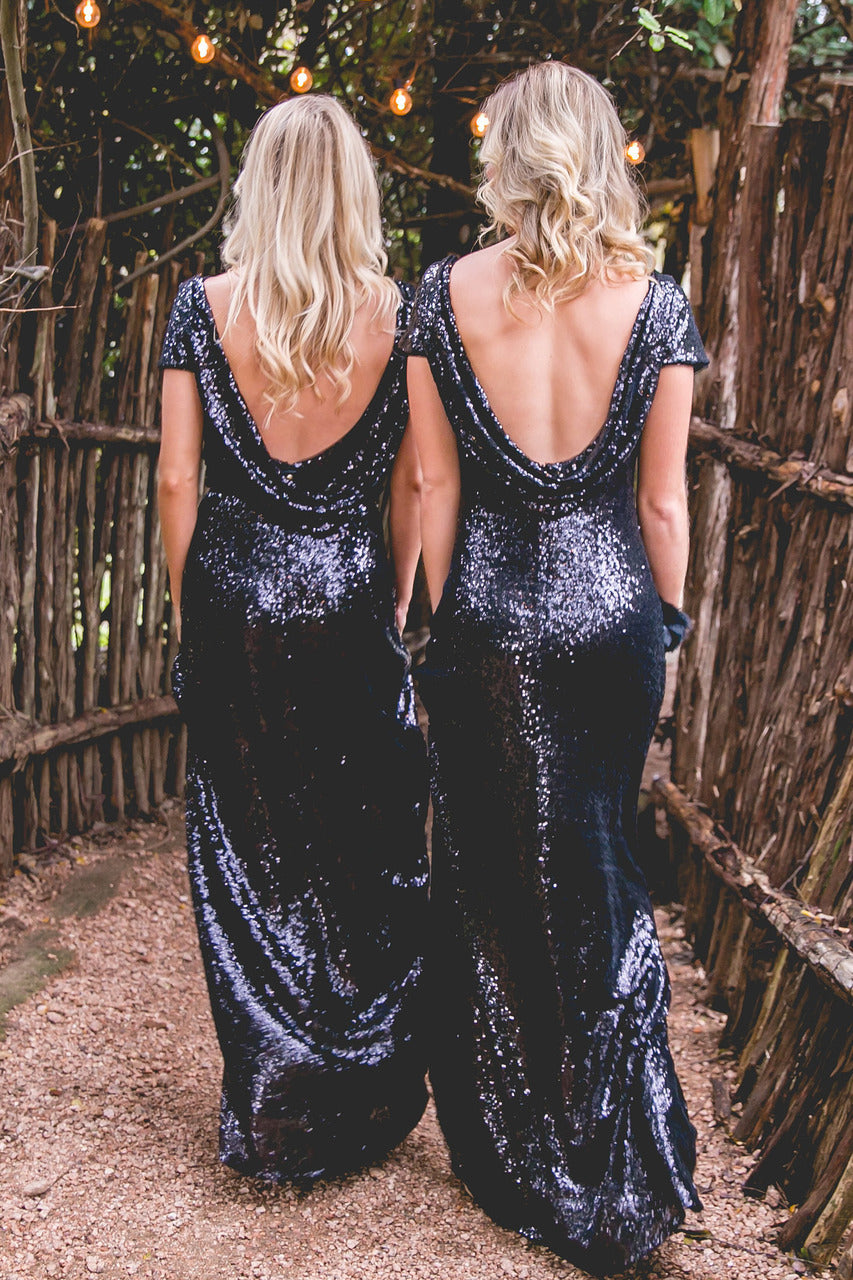 Charming Sheath Black Sequence Backless Long Bridesmaid Dresses