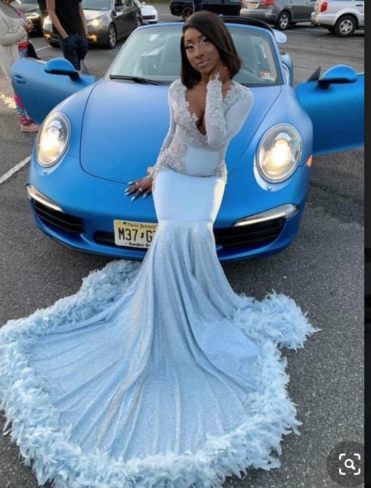 New Arrival Sky Blue Long Sleeves Satin Mermaid Prom Dress 2024