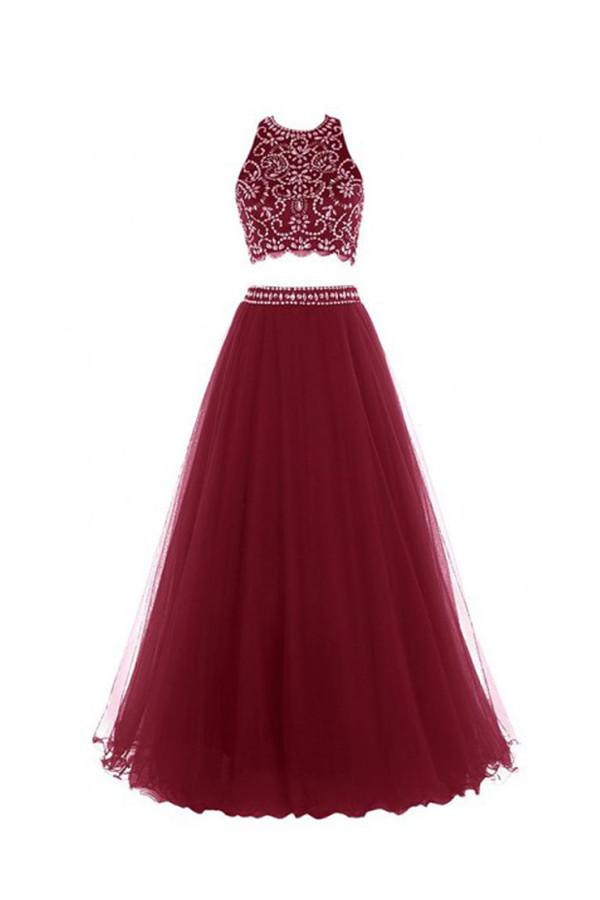 Two Piece Red Floor-Length Backless Tulle Long Prom/Party Dress S07