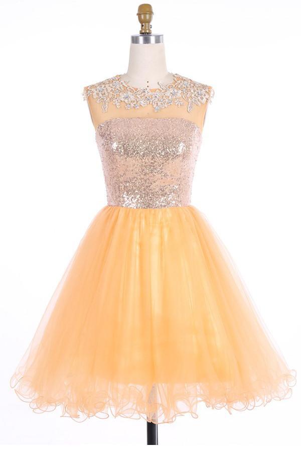 Scoop Gold Organza Open Back Prom Dresses Homecoming Dresses ED62