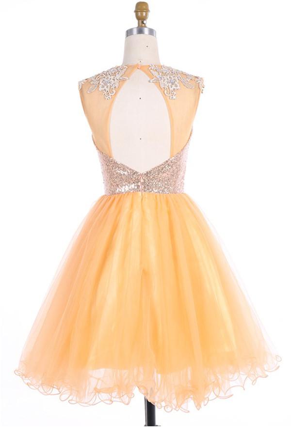 Scoop Gold Organza Open Back Prom Dresses Homecoming Dresses ED62