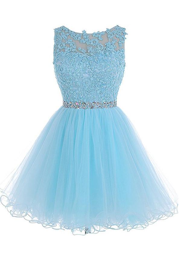 Scoop Short Blue Zipper-up Tulle Prom Dresses Homecoming Dresses ED64