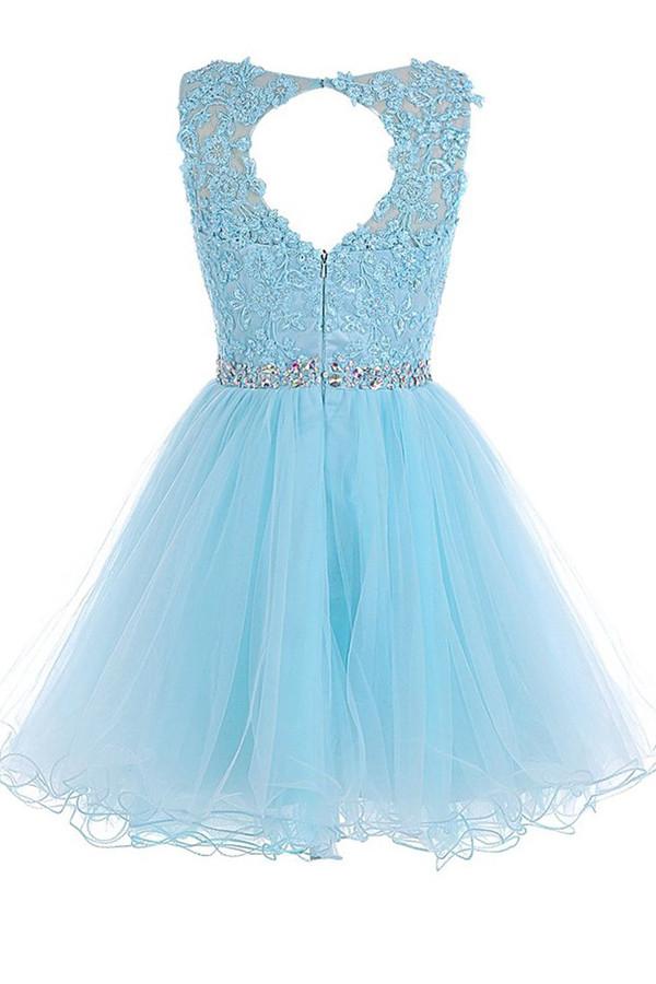 Scoop Short Blue Zipper-up Tulle Prom Dresses Homecoming Dresses ED64