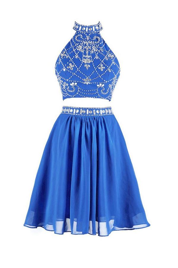 Two-piece High Neck Short Blue Chiffon Prom Dresses Homecoming Dresses ED65