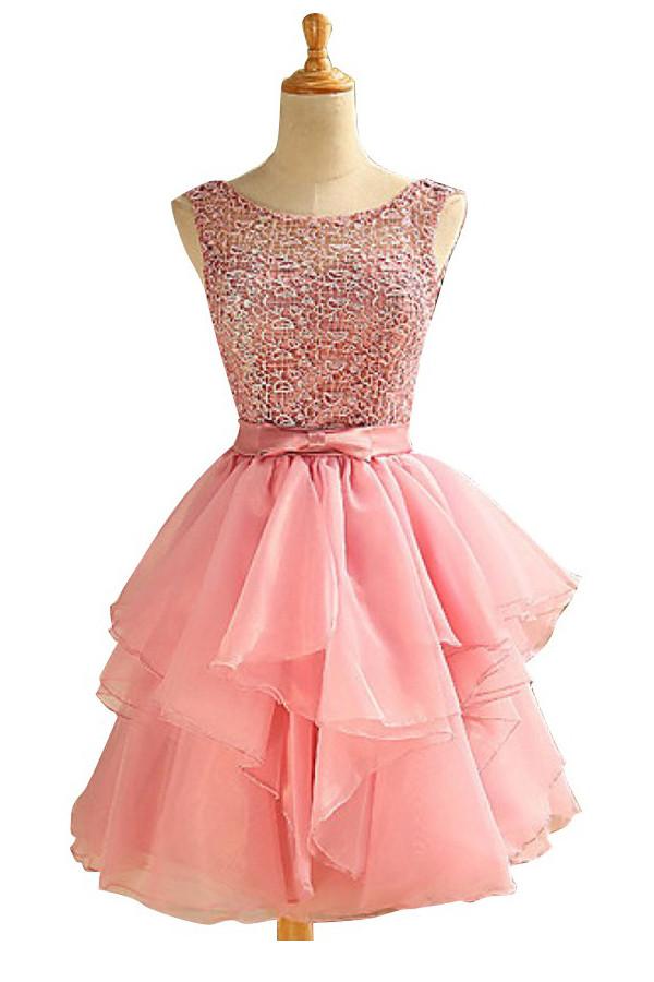 Scoop Above-knee Pink Chiffon Homecoming Dresses With Lace Ruched ED66