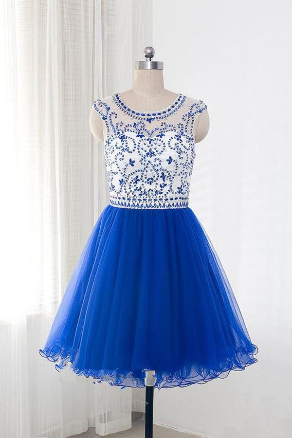 Royal Blue Tulle Sleeveless Homecoming/Prom Dresses With Beading ED68