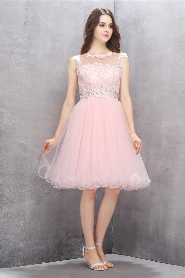 Scoop Knee-length Pink Homecoming Dress with Appliques Beading ED80