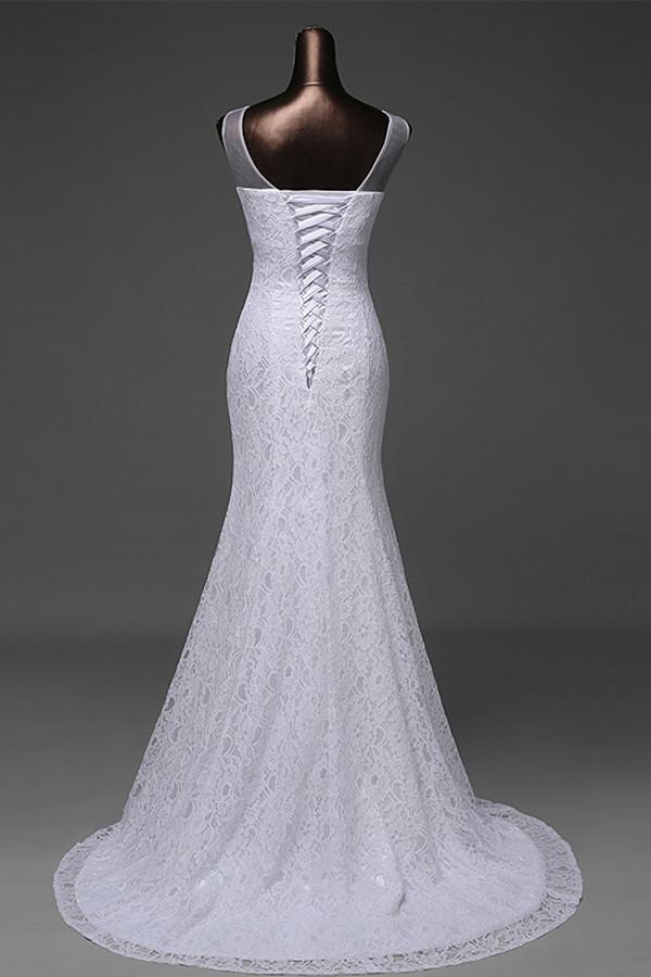 Mermaid V-neck Sweep Train Lace Wedding Dress with Beading
