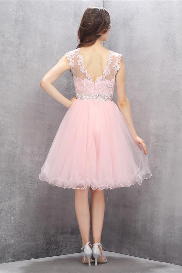 Scoop Knee-length Pink Homecoming Dress with Appliques Beading ED80