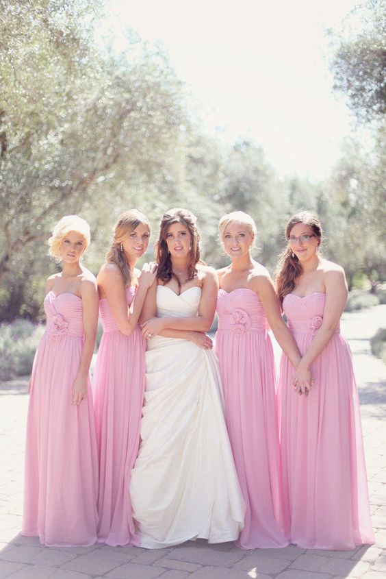 2024 Cheap A Line Chiffon Pink Strapless Ruffles With Flower Long Bridesmaid Dresses / Gowns