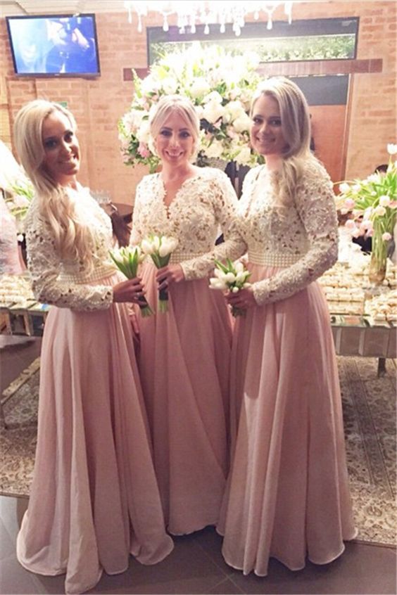 2024 Cheap A Line Pearl Pink Lace Long Sleeves V Long Bridesmaid Dresses / Gowns