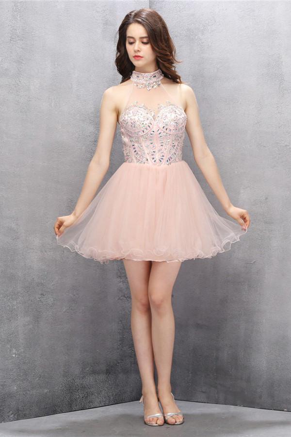 High Neck Short Blush Tulle Homecoming Dresses with Beading ED83