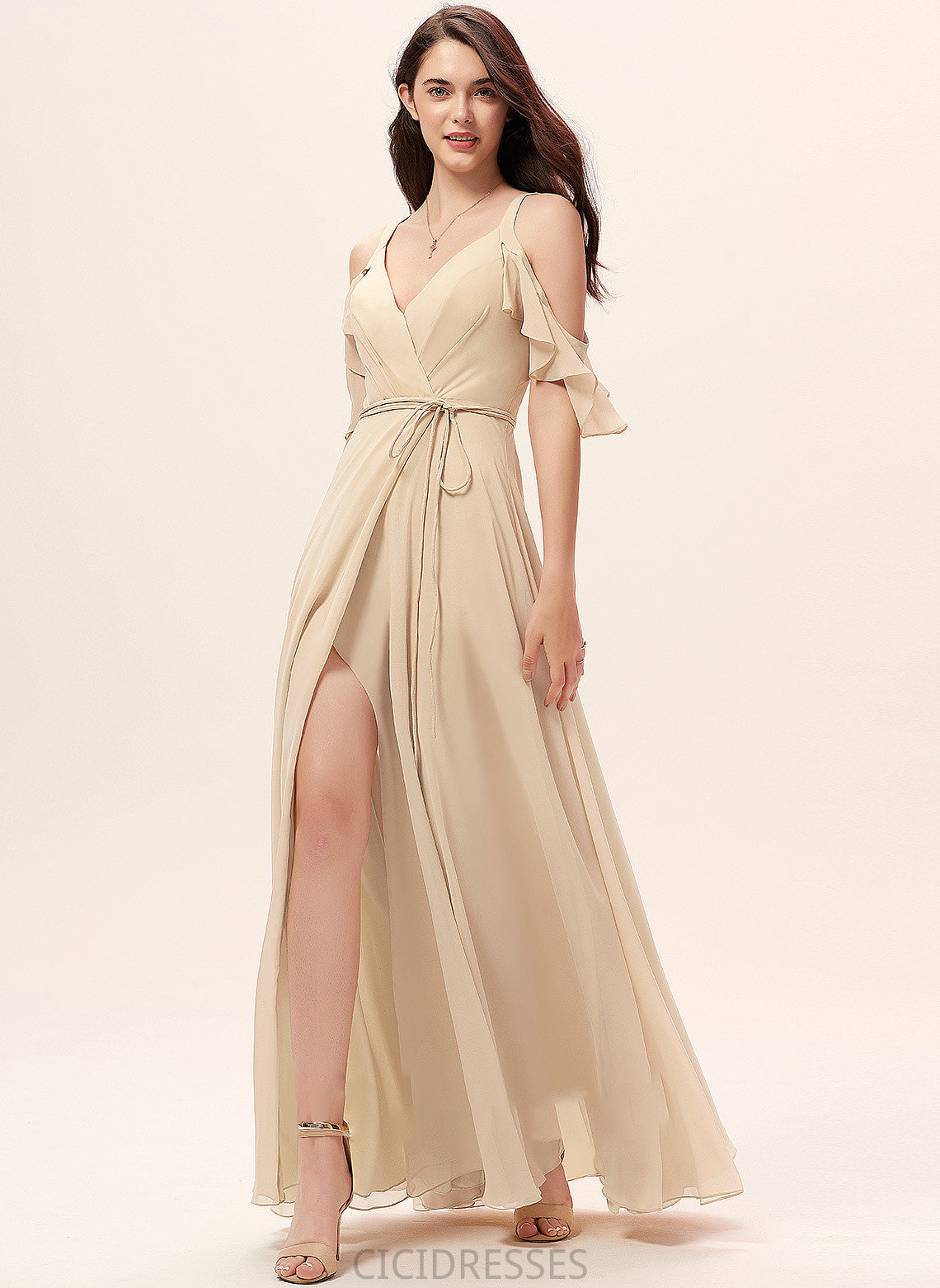 Neckline SplitFront Length Silhouette A-Line Embellishment Ruffle Floor-Length V-neck Fabric Gwendolyn Natural Waist Bridesmaid Dresses