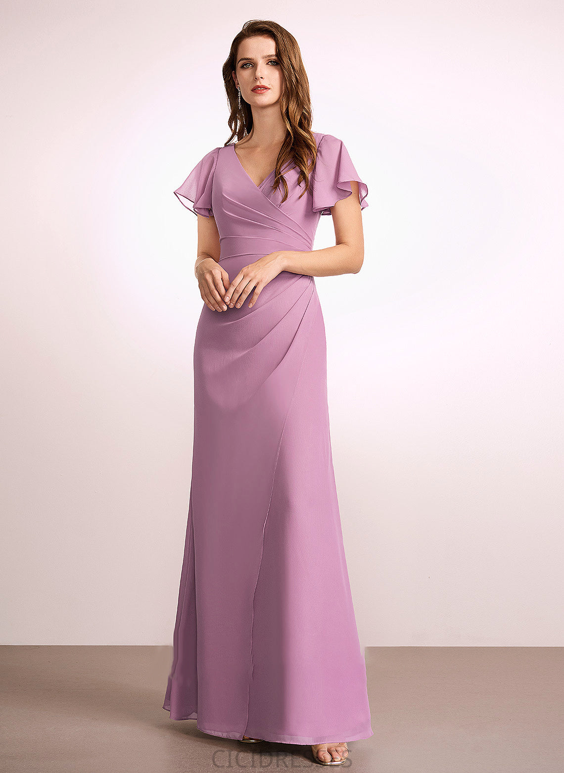 Floor-Length Embellishment Ruffle Fabric Silhouette Length V-neck Sheath/Column Neckline Quinn 3/4 Length Sleeve Natural Waist Bridesmaid Dresses
