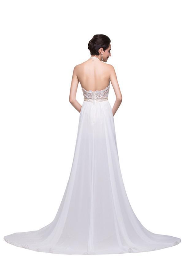 Lace Long Chiffon White Halter Open Back Prom Dresses SM7