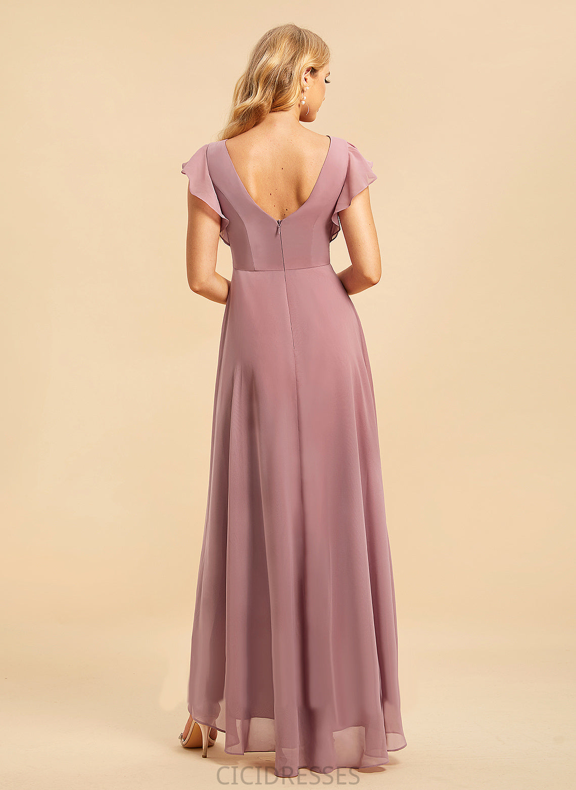 Asymmetrical Fabric A-Line Neckline Embellishment Silhouette Ruffle Length ScoopNeck Salma Scoop Cap Sleeves Bridesmaid Dresses