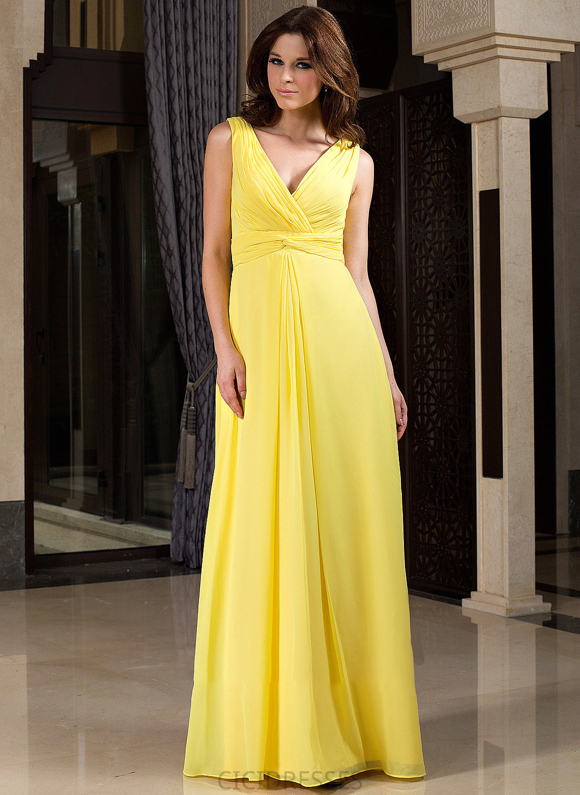A-Line Embellishment V-neck Fabric Neckline Floor-Length Length Ruffle Silhouette Mya Natural Waist V-Neck Bridesmaid Dresses