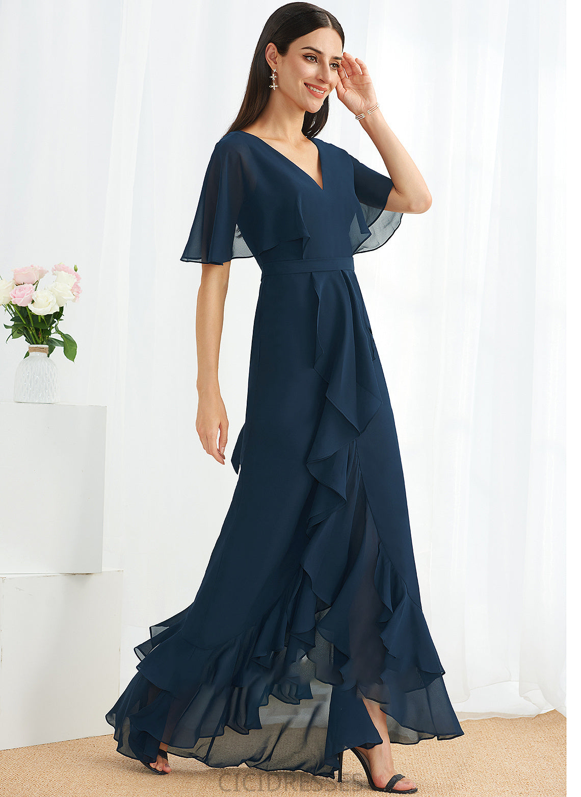 Asymmetrical Length SplitFront Silhouette Embellishment Fabric V-neck A-Line Neckline Joan Bridesmaid Dresses