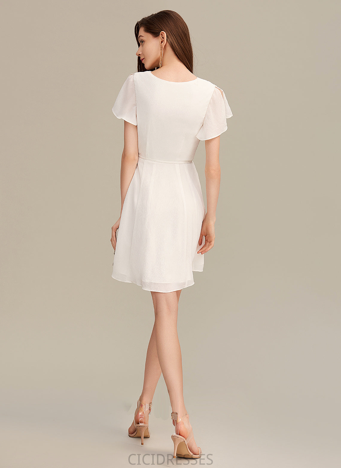 Short/Mini Embellishment Length V-neck Fabric Silhouette Ruffle Neckline A-Line Luz Natural Waist Sleeveless Bridesmaid Dresses