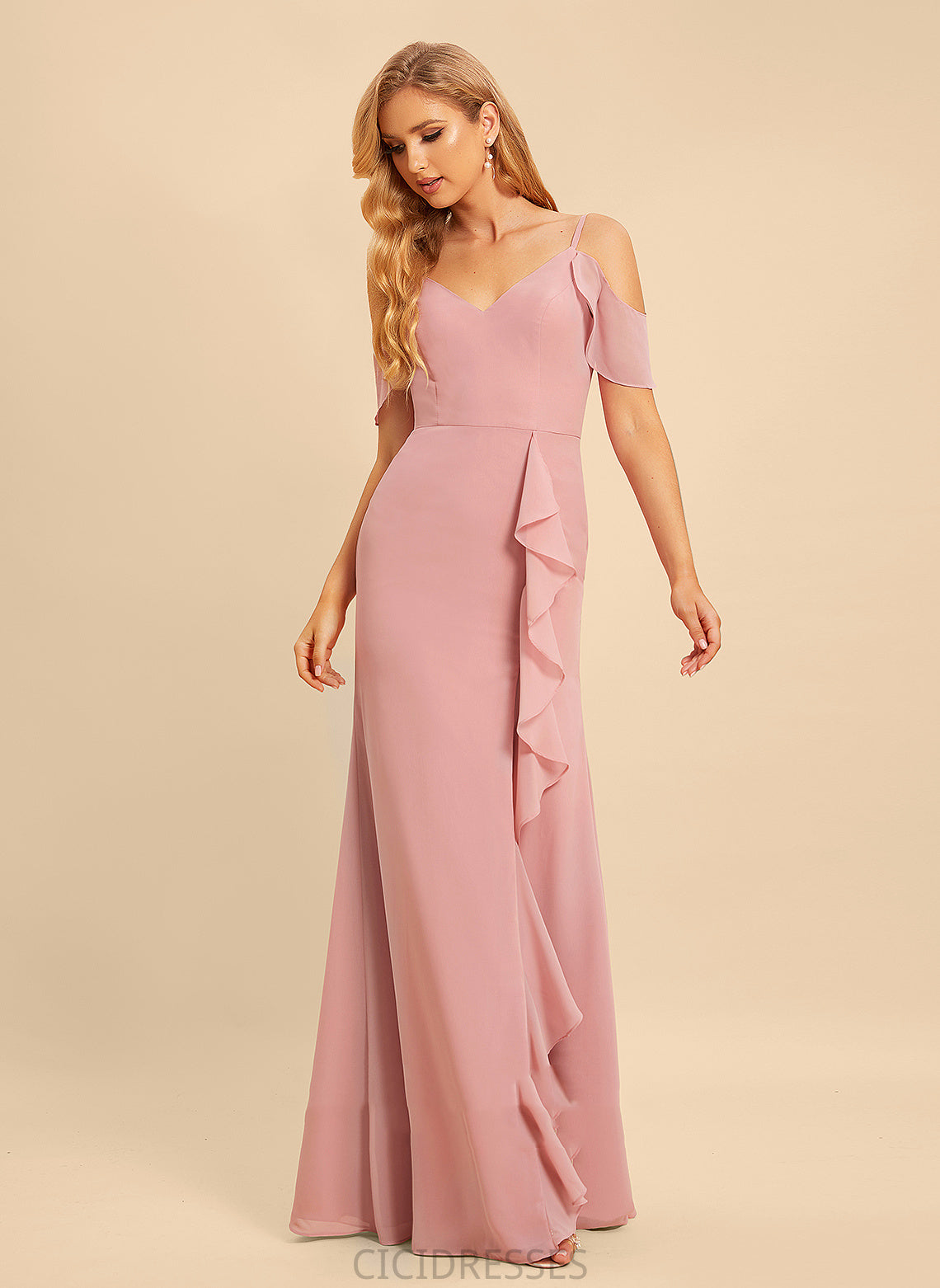 Embellishment V-neck SplitFront Ruffle Fabric Neckline Length Floor-Length A-Line Silhouette Amari Natural Waist Bridesmaid Dresses