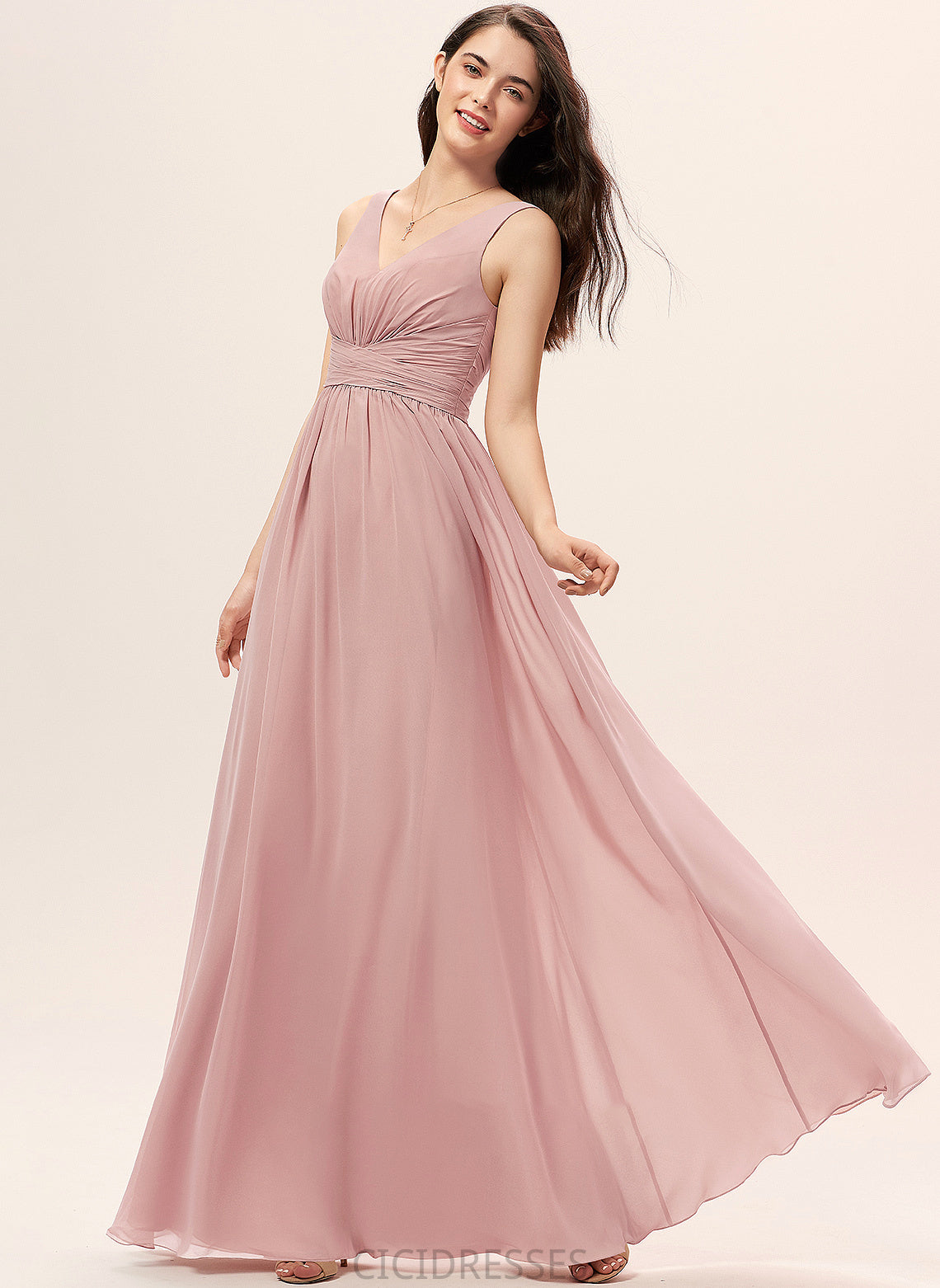 Embellishment Fabric Length Floor-Length Silhouette V-neck Neckline A-Line Ruffle Hanna Floor Length A-Line/Princess Bridesmaid Dresses