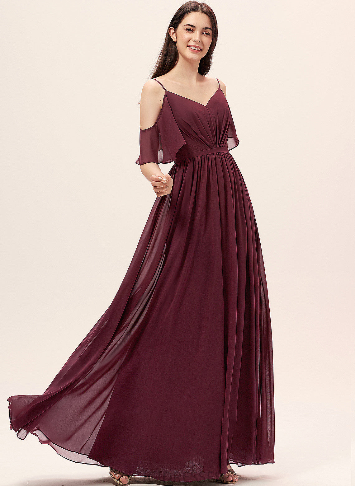 A-Line V-neck Neckline Ruffle Length Floor-Length Embellishment Silhouette Fabric Aliza High Low Short Sleeves Bridesmaid Dresses