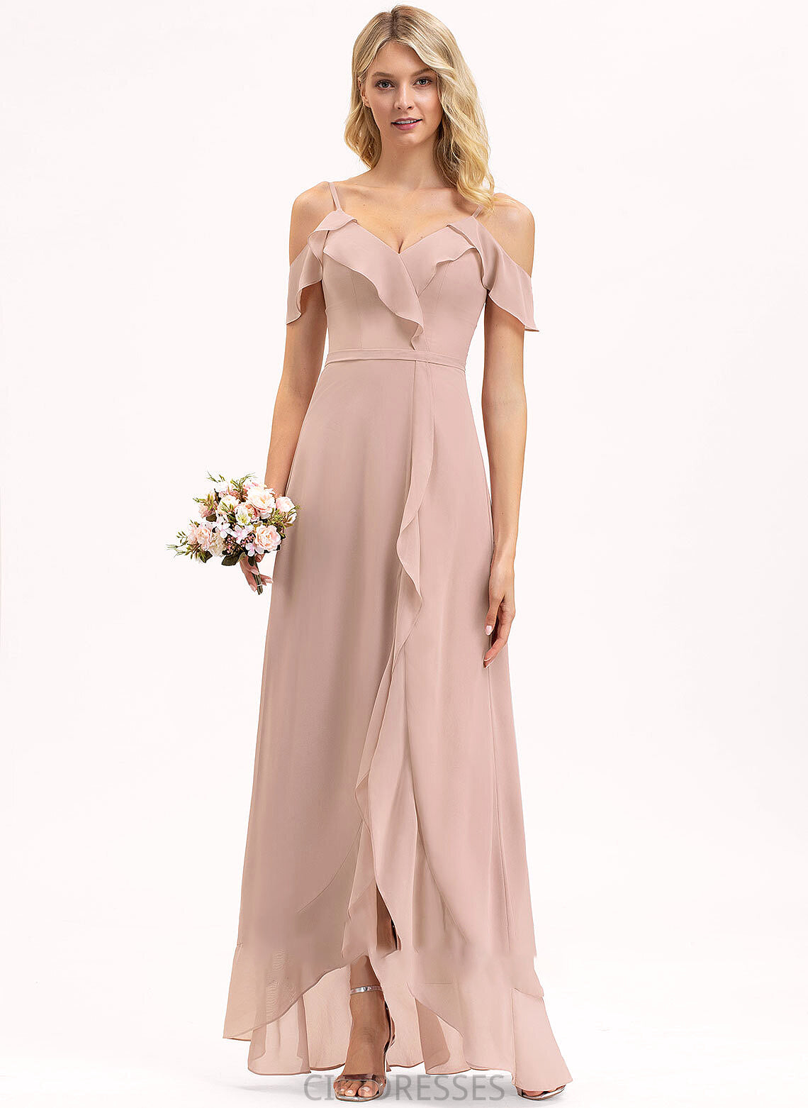 Neckline CascadingRuffles Fabric V-neck Embellishment A-Line Length Silhouette Asymmetrical Aubrie Velvet Sleeveless Bridesmaid Dresses