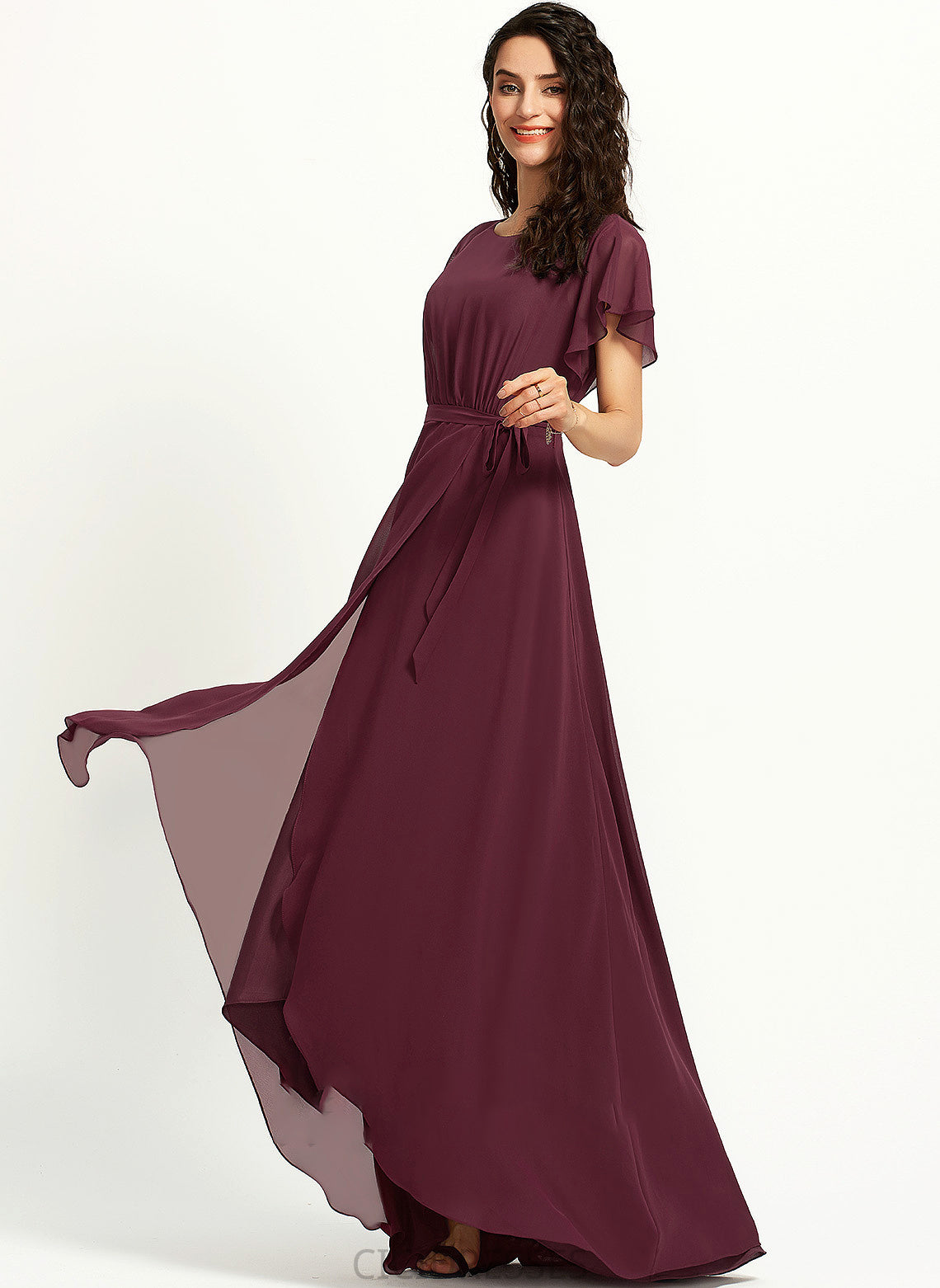 Fabric Embellishment A-Line Asymmetrical Silhouette Neckline Ruffle ScoopNeck Length Roselyn Natural Waist Floor Length Bridesmaid Dresses