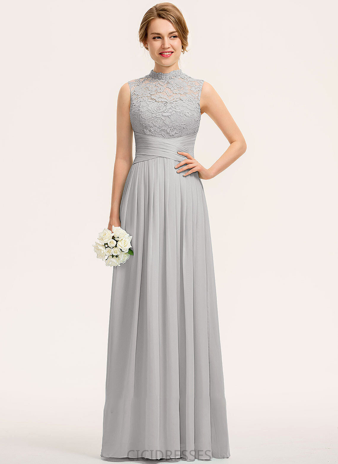 HighNeck Neckline Ruffle Length Silhouette Embellishment A-Line Floor-Length Fabric Lana Sleeveless Spaghetti Staps Bridesmaid Dresses