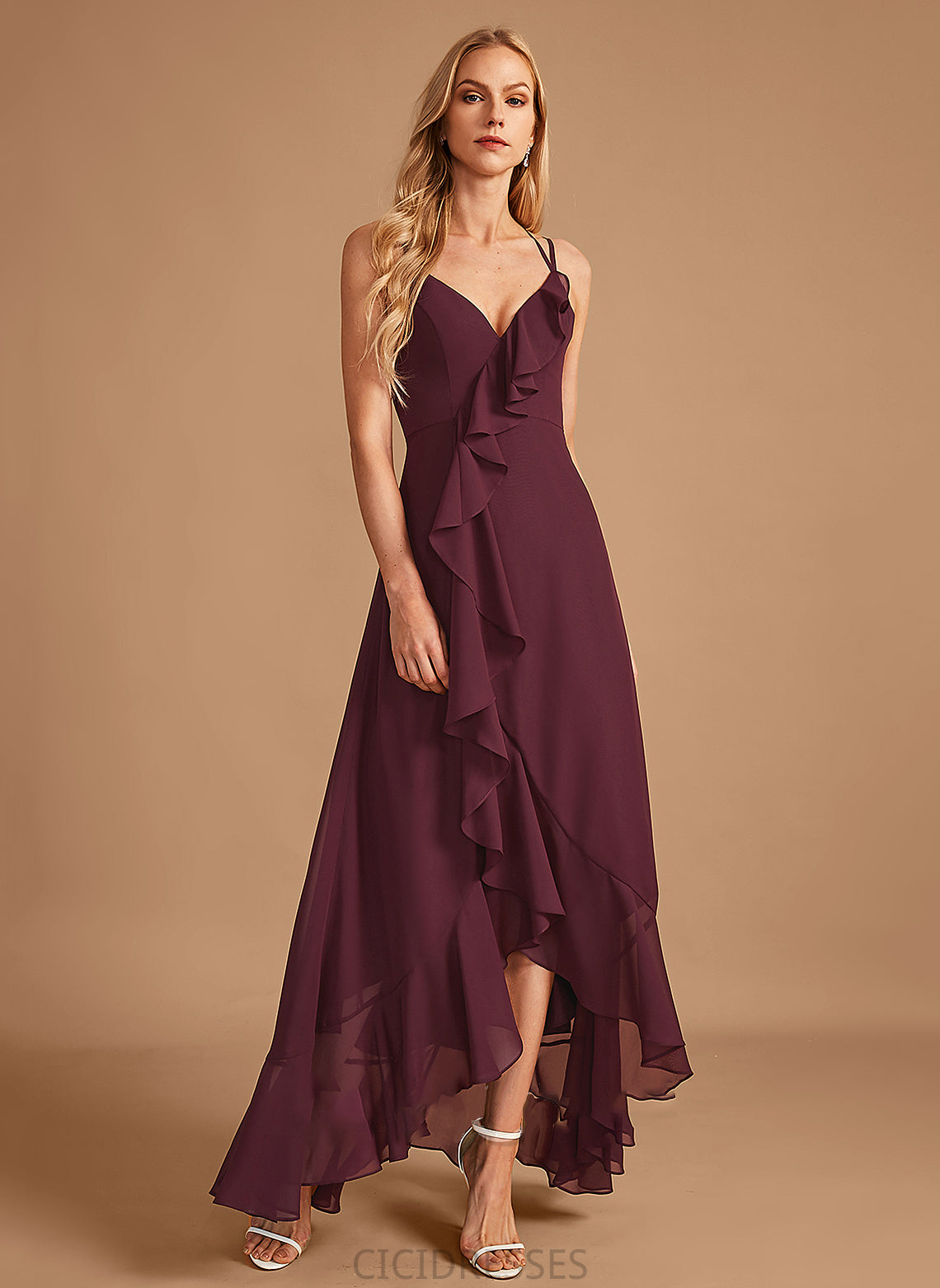 V-neck A-Line Embellishment Silhouette Fabric Length Asymmetrical Neckline SplitFront Ruffle Val Floor Length Bridesmaid Dresses