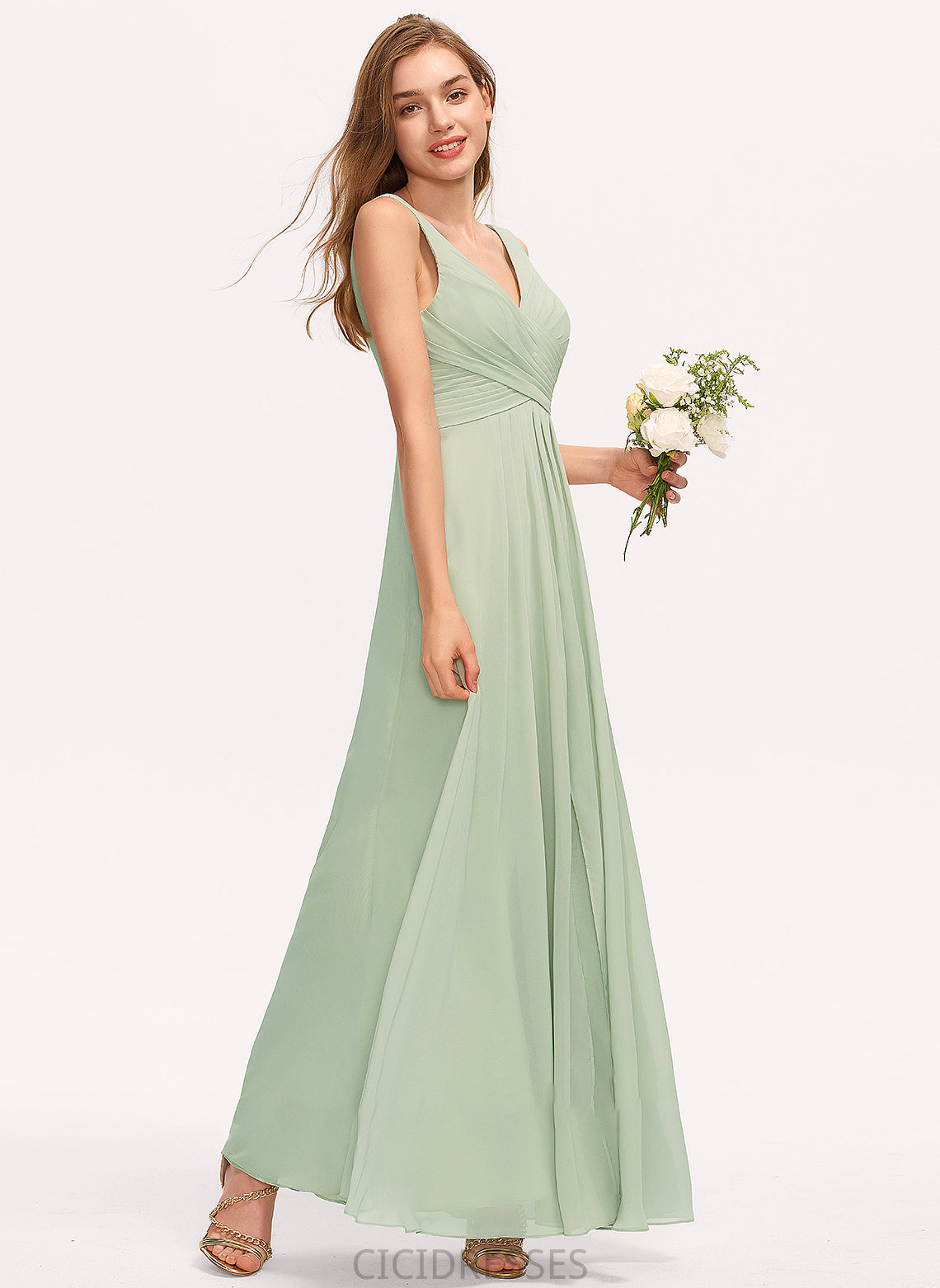 Length Ruffle Embellishment Neckline Floor-Length SplitFront Silhouette A-Line V-neck Fabric Nina Sleeveless Bridesmaid Dresses