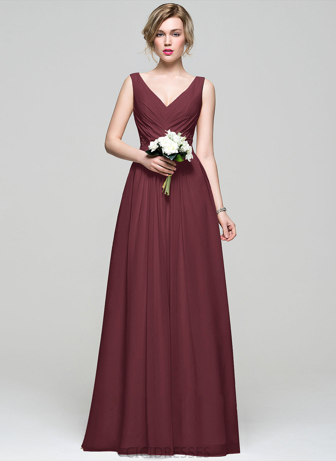 Embellishment Floor-Length V-neck Lace Neckline Silhouette Ruffle Length Sequins Beading A-Line Fabric Bridesmaid Dresses